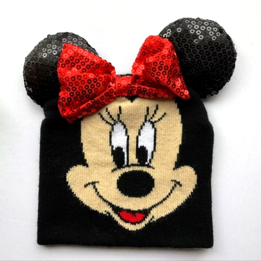 Disney Girl's Minnie Mouse Black Beanie With Black Sequin Ears And Red Bow